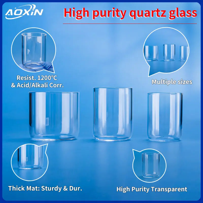 High purity transparent quartz glass reactor linings in multiple sizes, emphasizing 1200°C & acid/alkali corrosion resistance, thick material for durability, and high transparency.