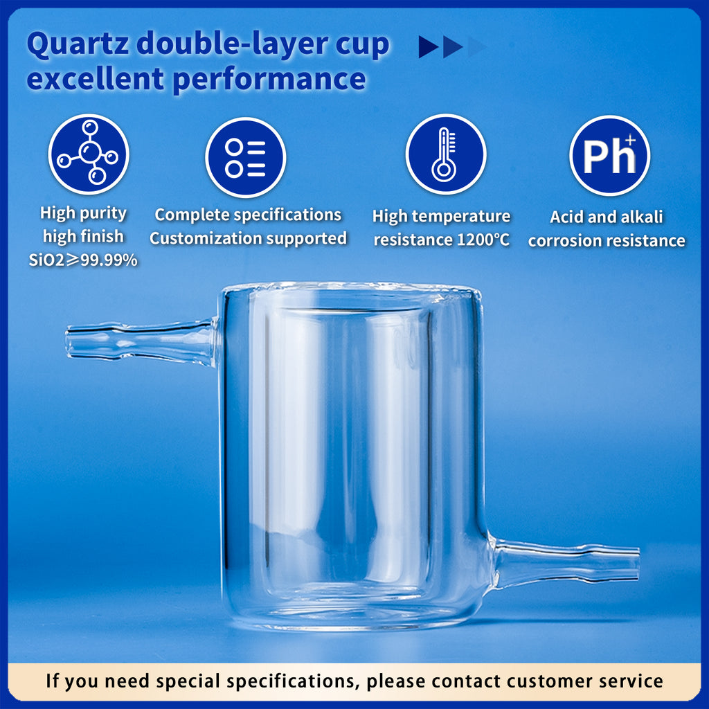 Infographic detailing excellent performance of quartz double-layer cup: high purity (SiO2 > 99.99%), complete specifications, high temperature resistance (1200°C), and acid/alkali corrosion resistance.