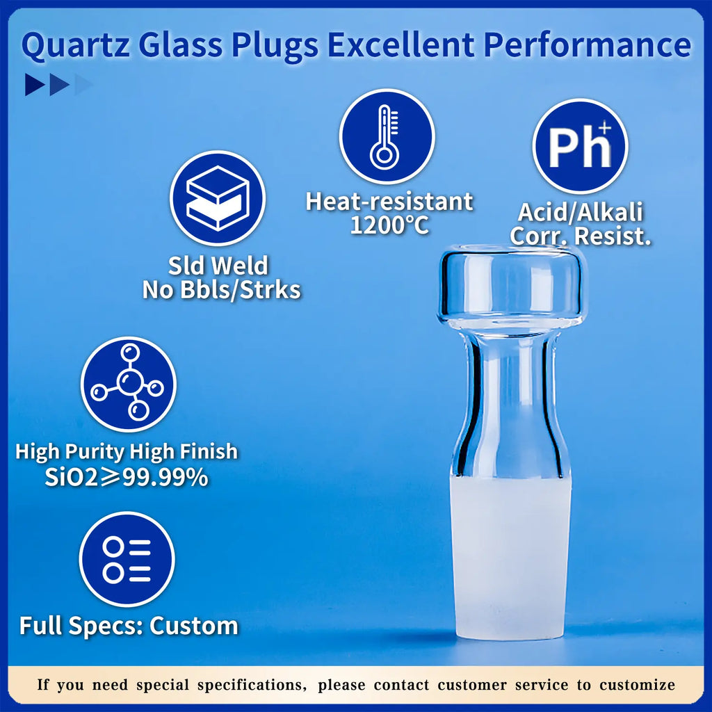Infographic detailing the excellent performance of quartz glass plugs, including 1200°C heat resistance, acid/alkali corrosion resistance, high purity (SiO2 ≥99.99%), and solid weld with no bubbles or streaks.
