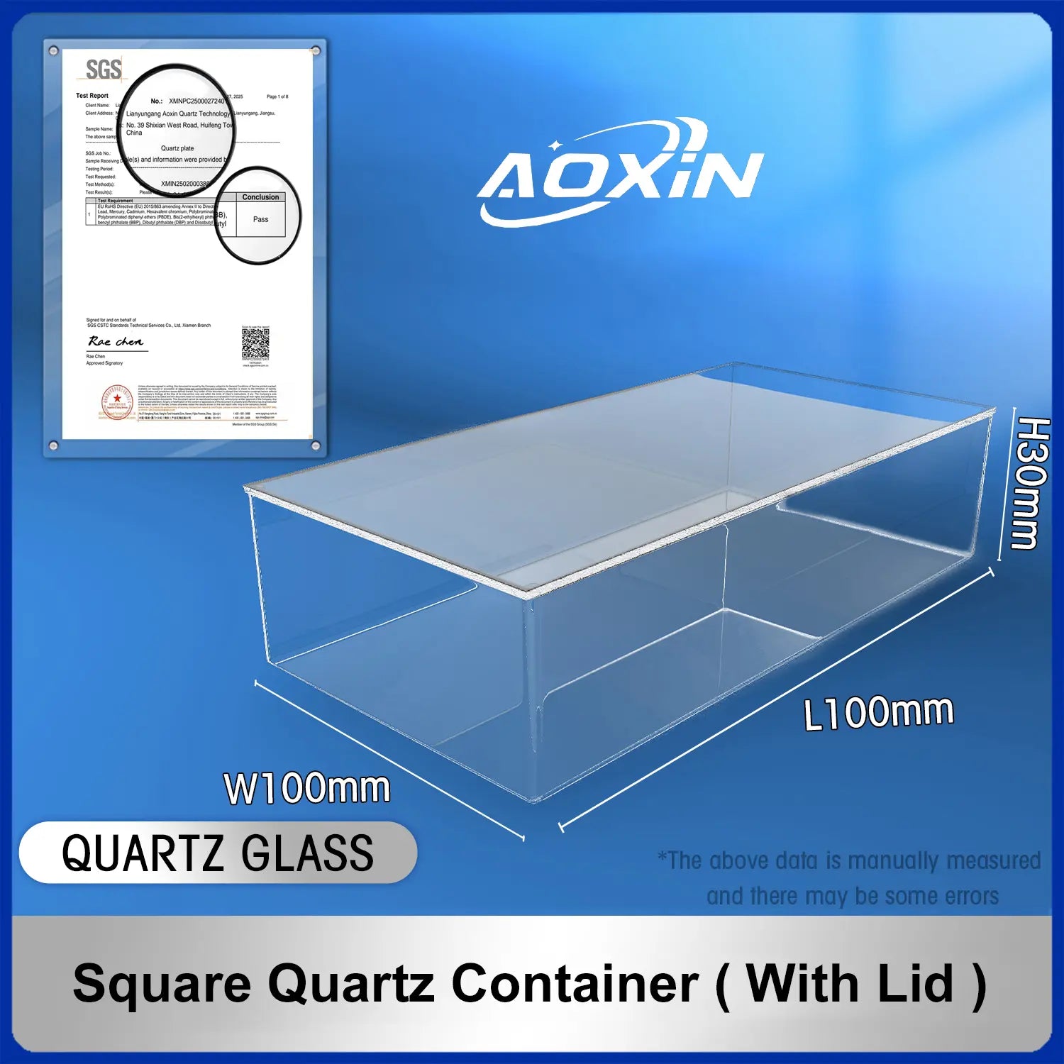 Length 100mm*Width 100mm*Hight 30mm-Square quartz container(with lid)