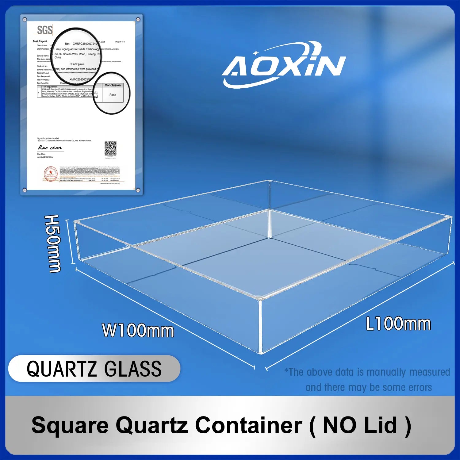 Length 100mm*Width 100mm*Hight 50mm-Square quartz container(no lid)