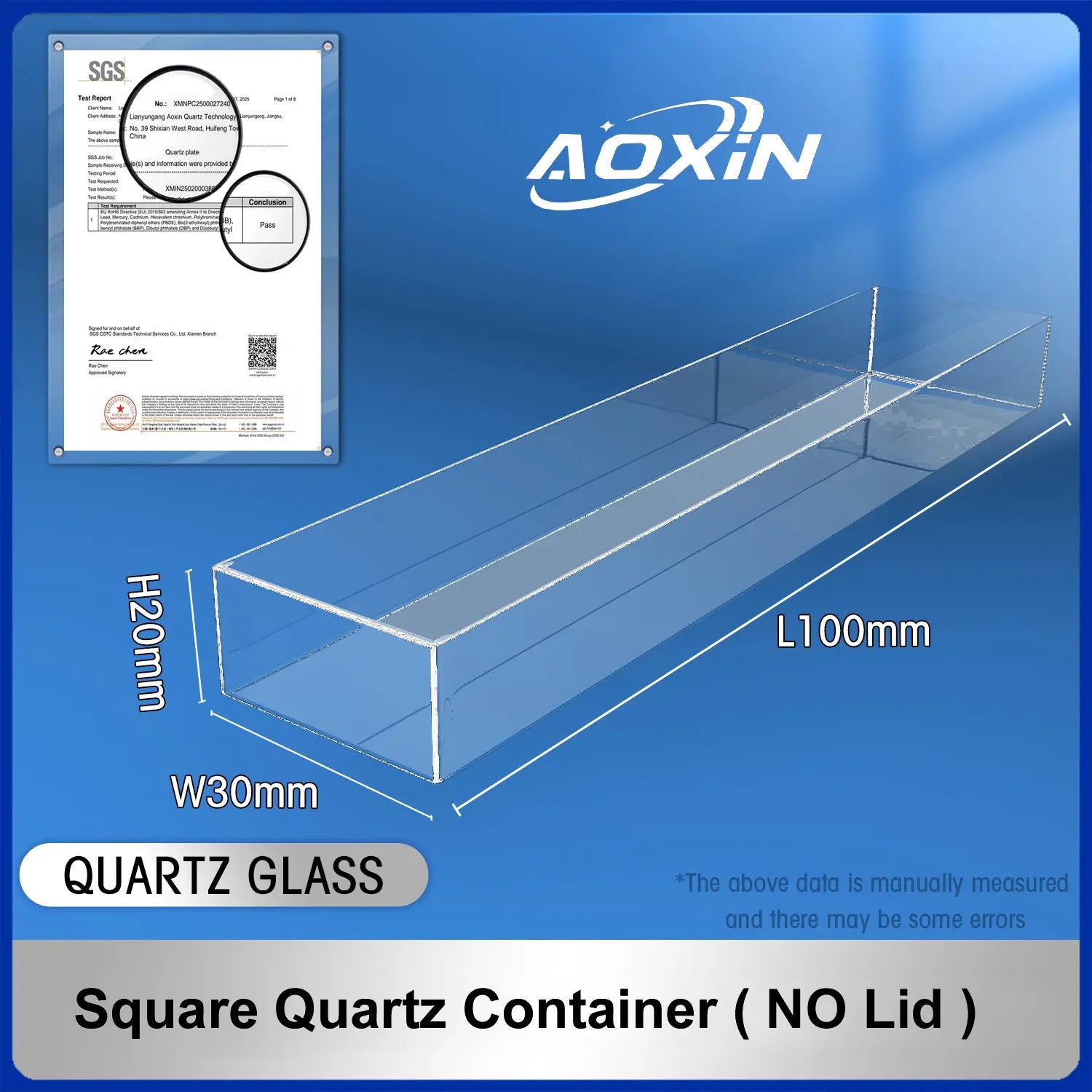 Length 100mm*Width 30mm*Hight 20mm-Square quartz container(no lid)