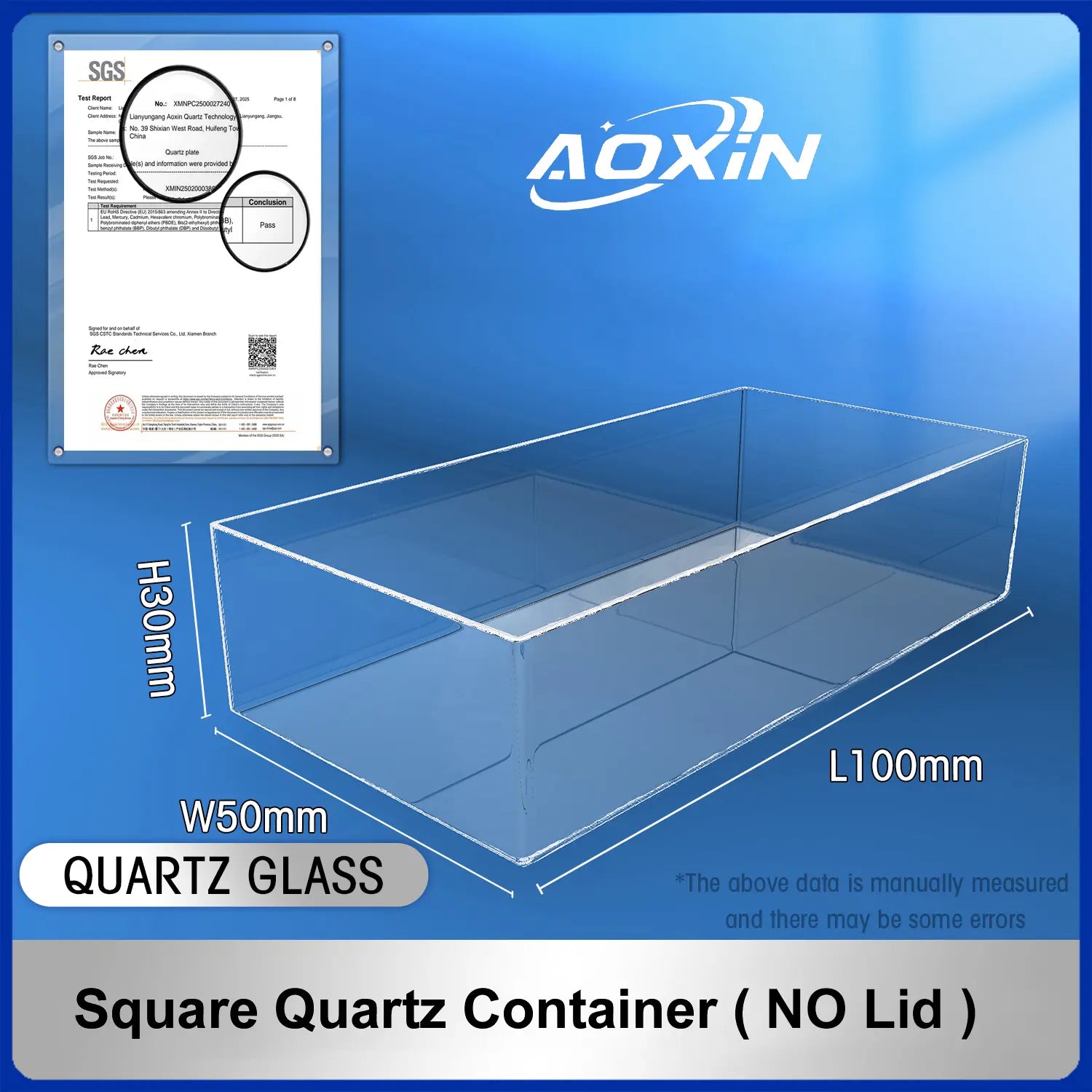 Length 100mm*Width 50mm*Hight 30mm-Square quartz container(no lid)