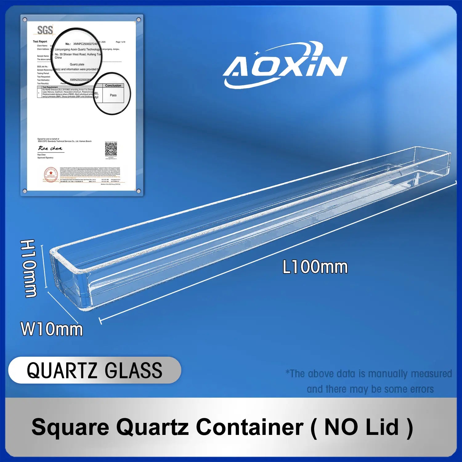 Length 100mm*Width 10mm*Hight 10mm-Square quartz container(no lid)