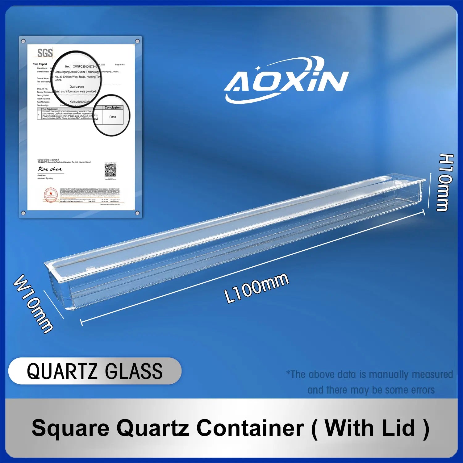 Length 100mm*Width 10mm*Hight 10mm-Square quartz container(with lid)