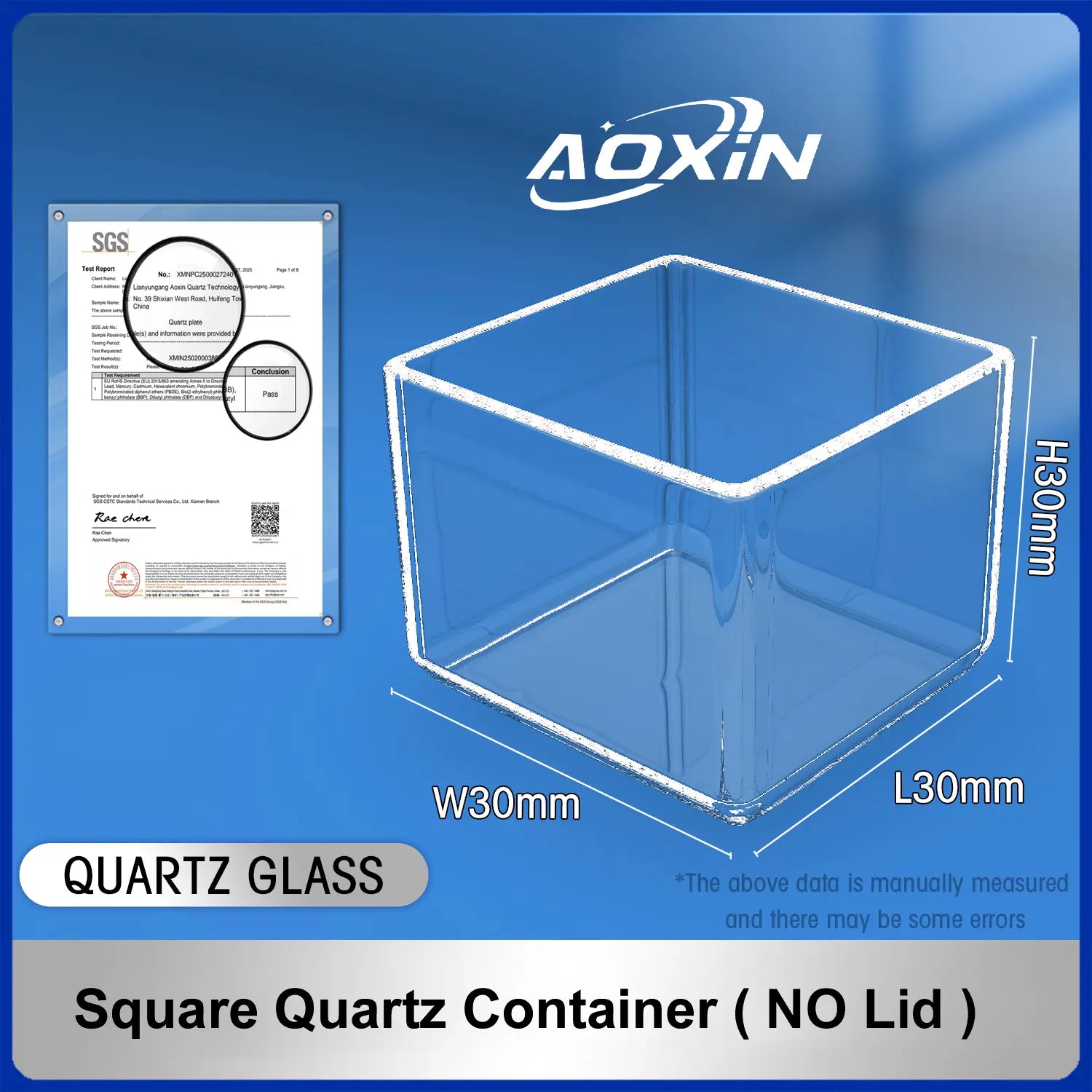 Length 30mm*Width 30mm*Hight 30mm-Square quartz container(no lid)