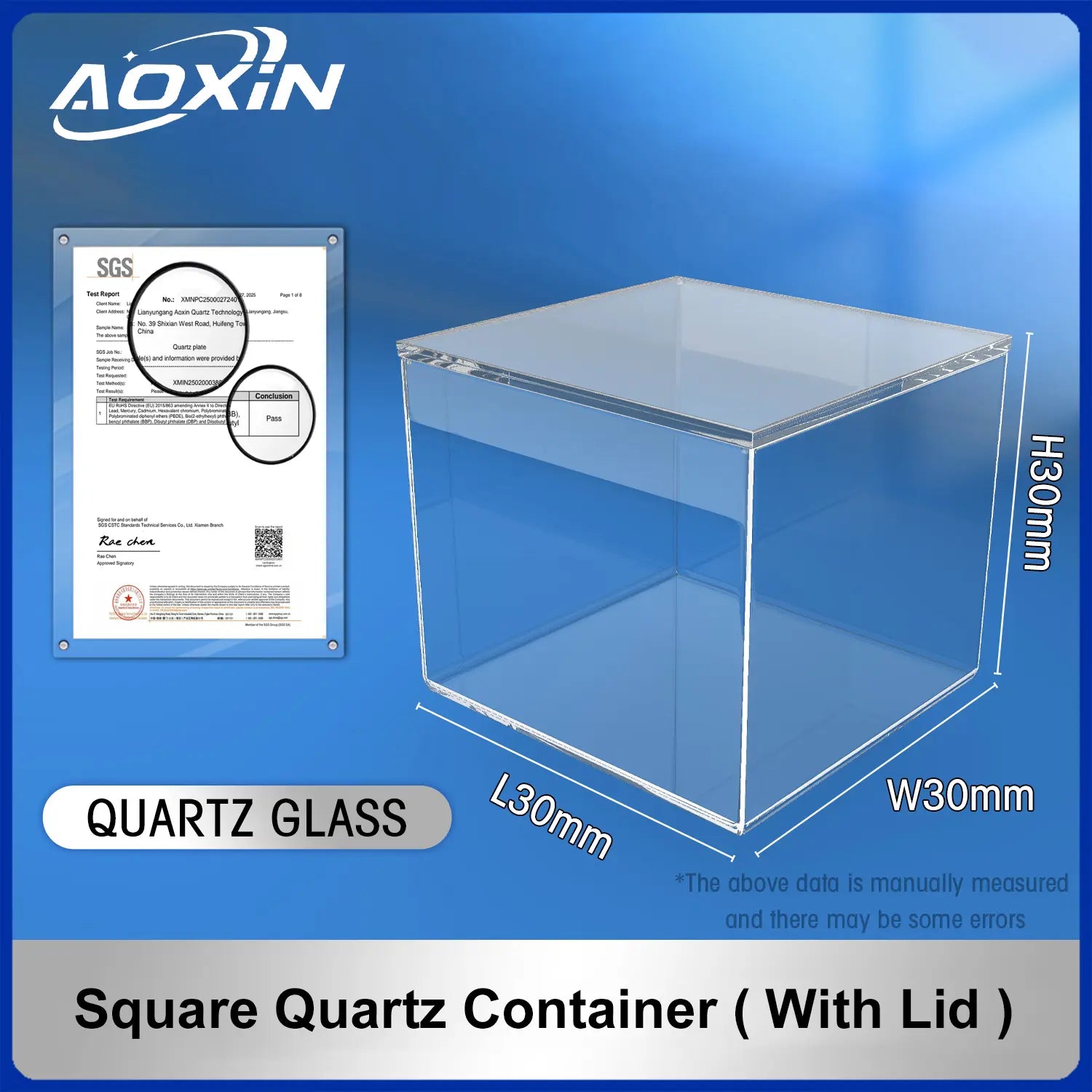 Length 30mm*Width 30mm*Hight 30mm-Square quartz container(with lid)
