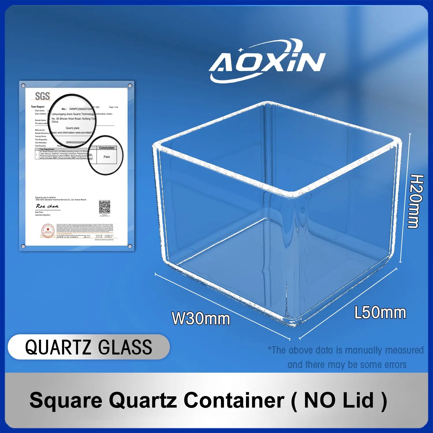 Length 50mm*Width 30mm*Hight 20mm-Square quartz container(no lid)