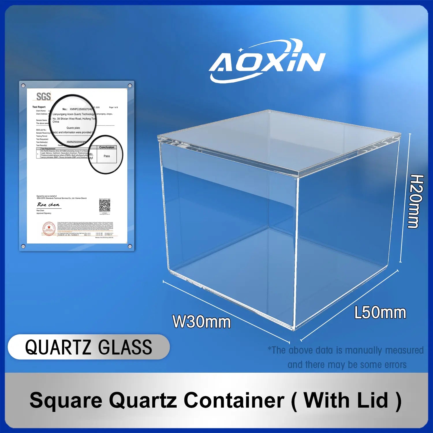 Length 50mm*Width 30mm*Hight 20mm-Square quartz container(with lid)