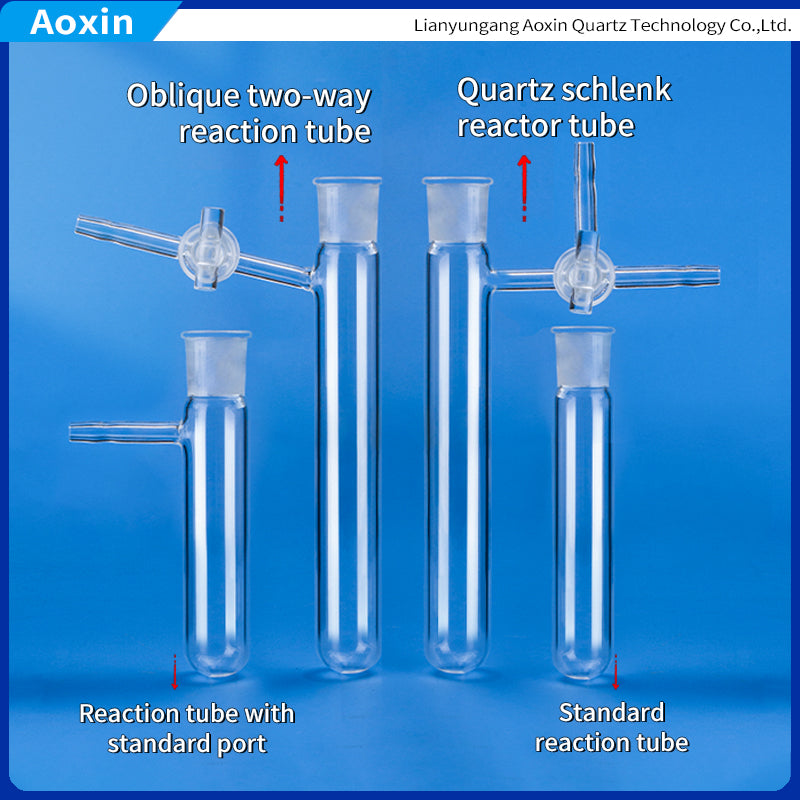 Labeled quartz reaction tubes showcasing an oblique two-way reaction tube and a quartz Schlenk reactor tube with distinct designs.
