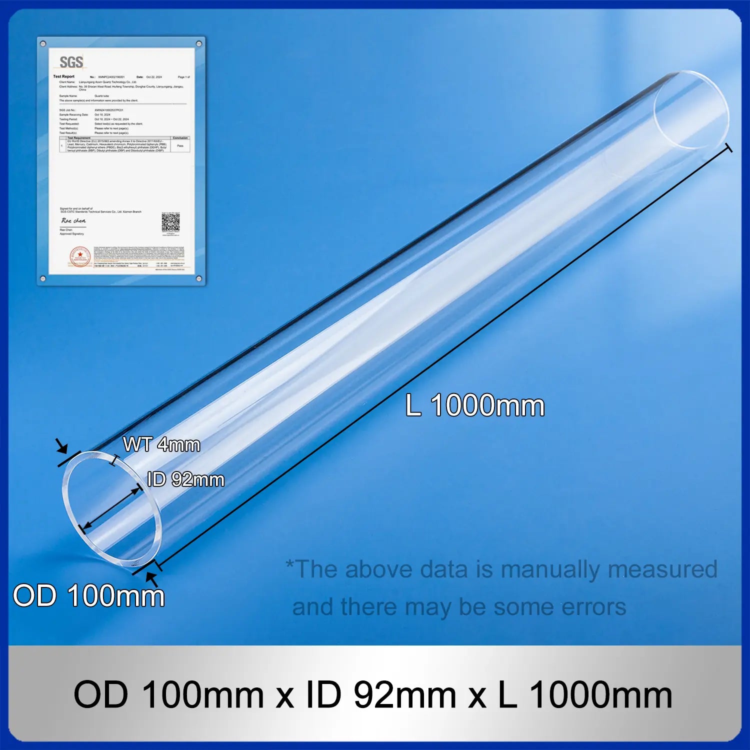 OD 100mm x ID 92mm x L 1000mm quartz tube for Tube Furnace