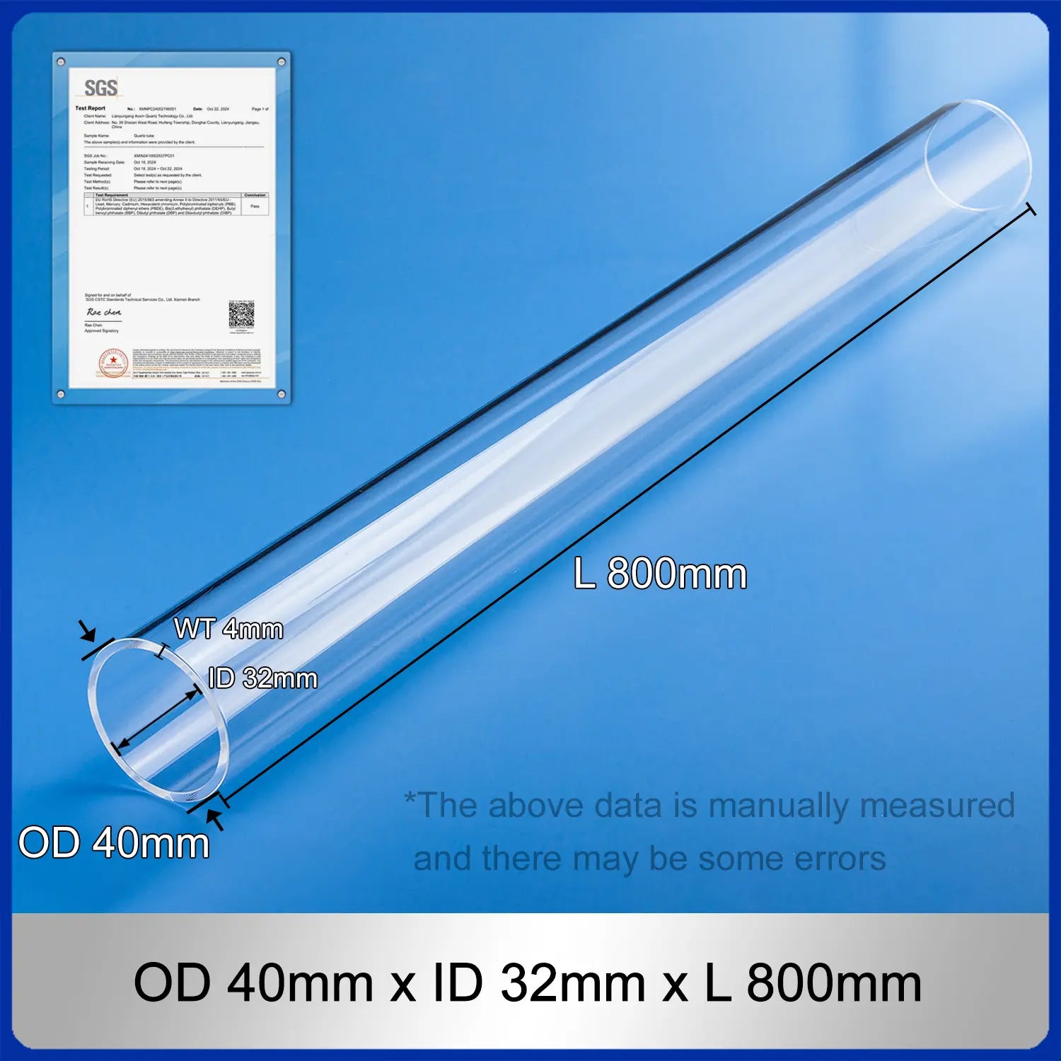 OD 40mm x ID 32mm x L 800mm quartz tube for Tube Furnace