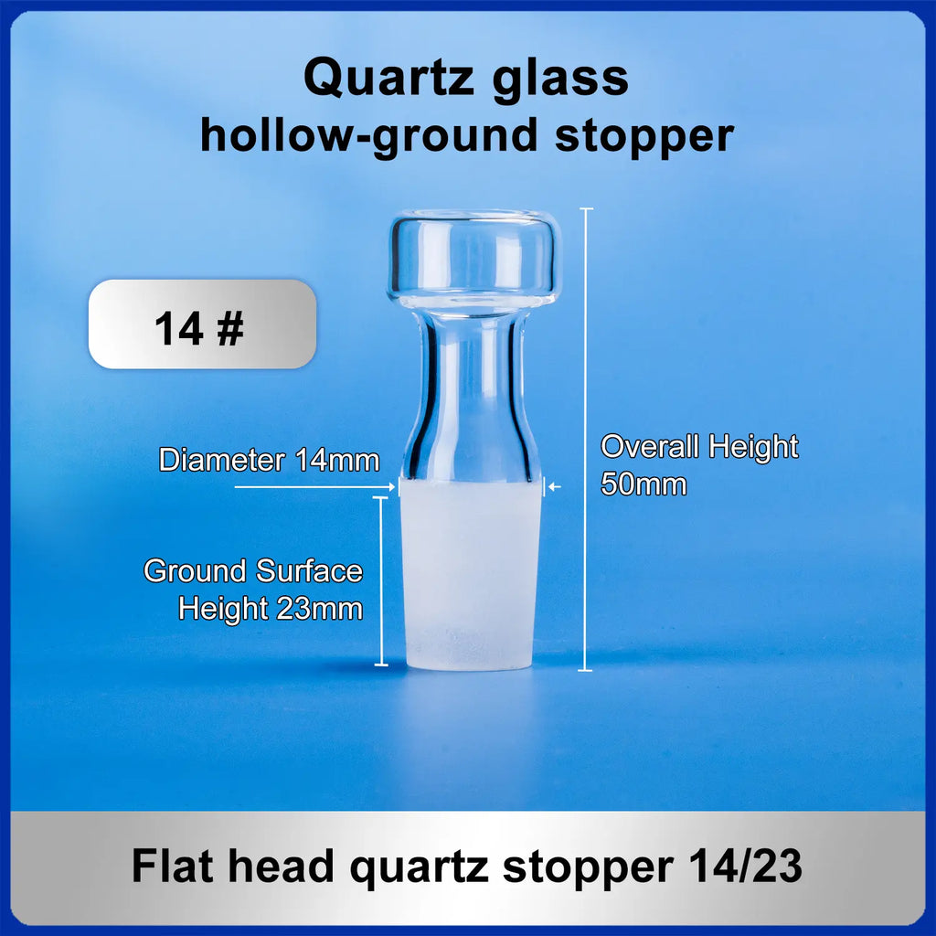 Product page screenshot for quartz glass stoppers, showing various types, dimensions, pricing, and customization options for flat head and spherical designs.