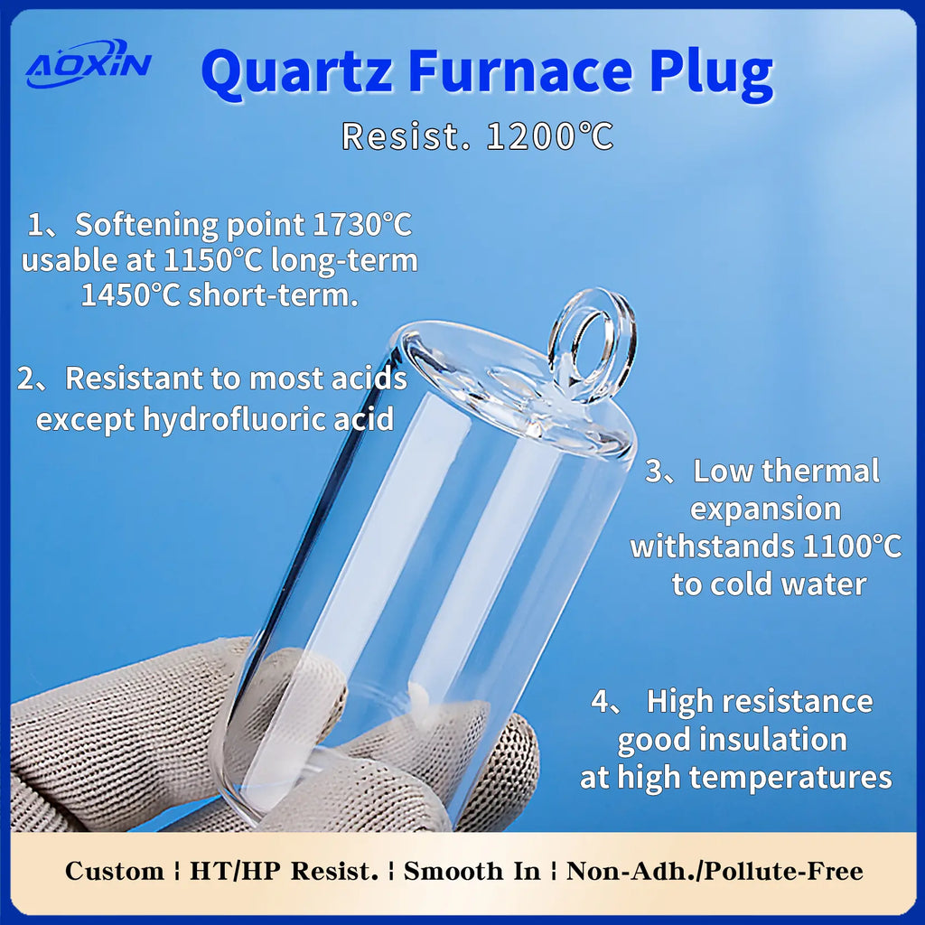 Quartz Furnace Plug highlighting 1200°C resistance, acid resistance (except HF), low thermal expansion, and high electrical resistance, held by a gloved hand.