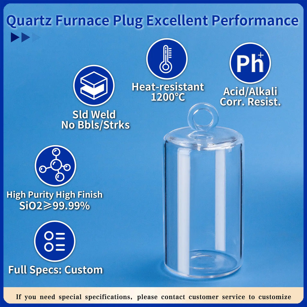 Quartz Furnace Plug performance features: 1200°C heat resistance, acid/alkali corrosion resistance, high purity (SiO2 ≥ 99.99%), and custom specifications.