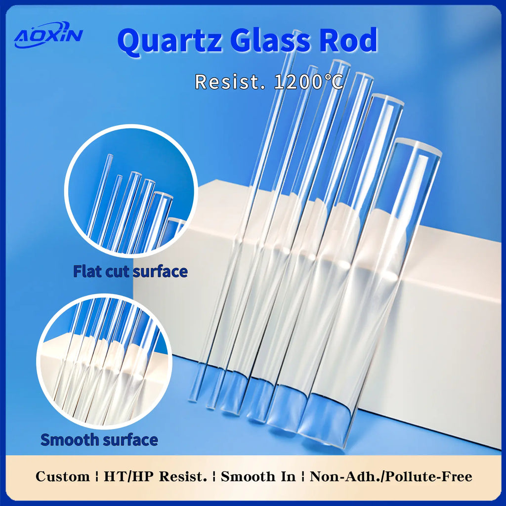 Quartz Glass Rod banner showcasing 1200°C resistance, with close-ups of flat cut and smooth surface finishes for high purity rods.