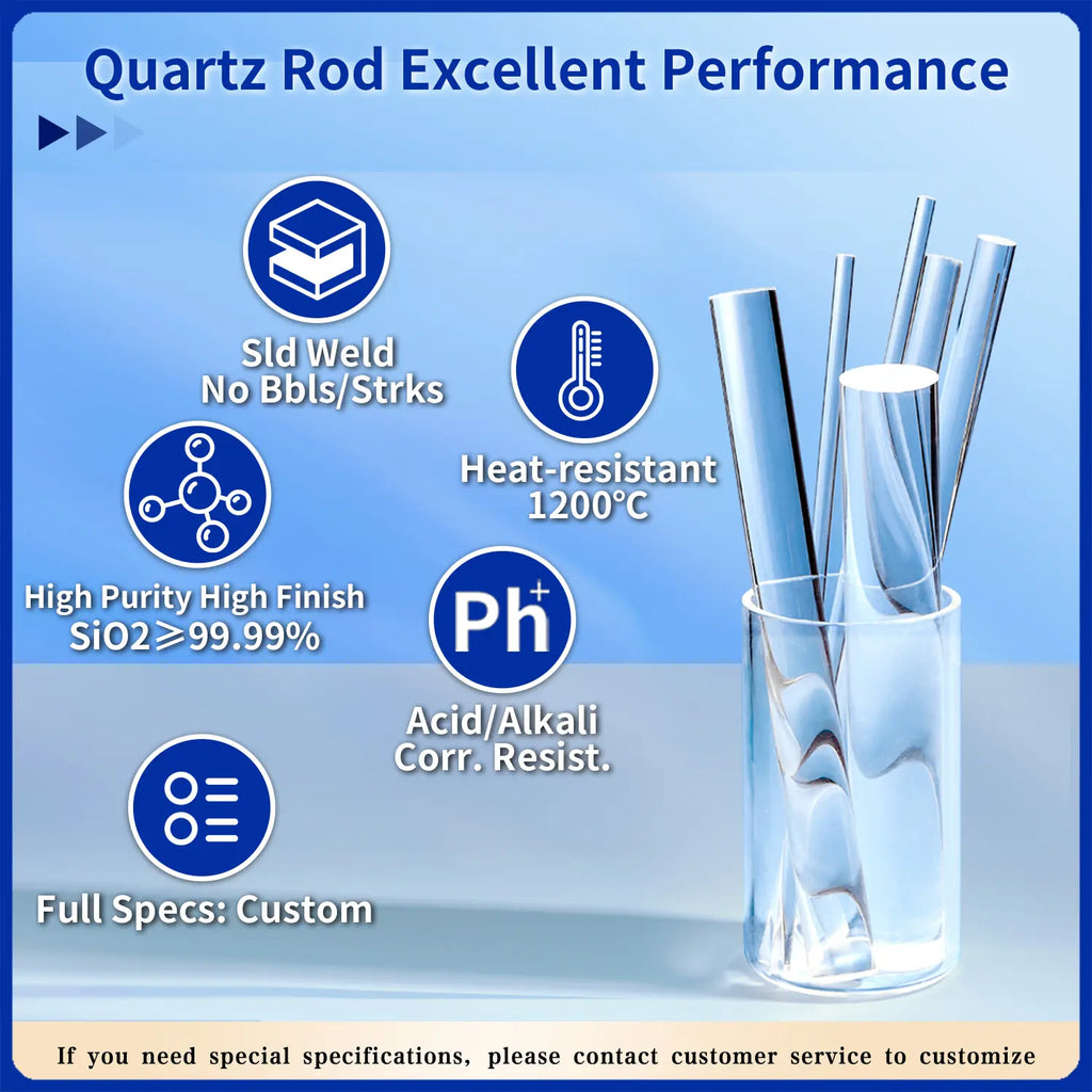 Quartz Rod performance features: high purity (SiO2 ≥ 99.99%), no bubbles/strikes, 1200°C heat resistance, acid/alkali corrosion resistance, and full customization options.