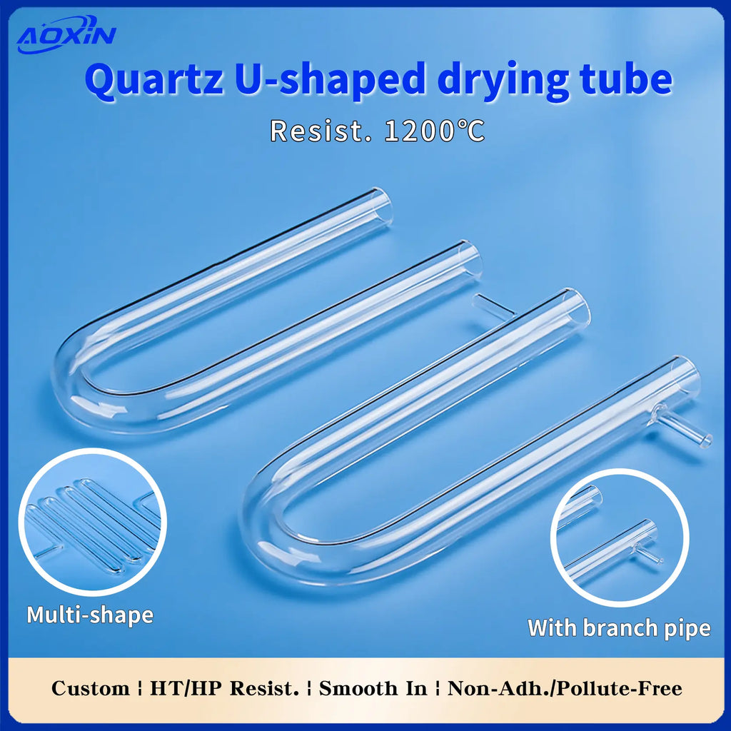 Quartz U-shaped drying tubes, resistant to 1200°C, with multi-shape options and a branch pipe, emphasizing custom high-temperature/high-pressure resistance and non-polluting features.
