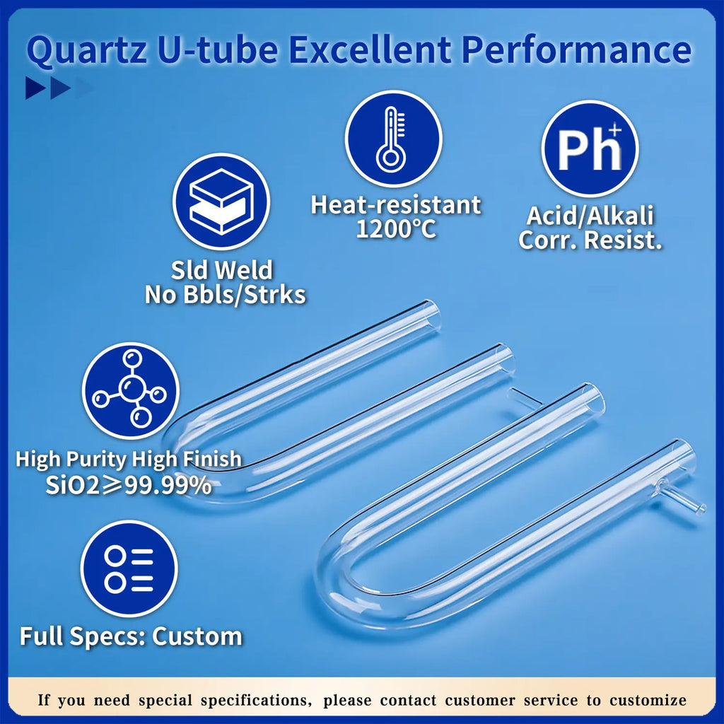 Quartz U-tube highlighting excellent performance: solid weld, 1200°C heat resistance, acid/alkali corrosion resistance, high purity SiO2 ≥ 99.99%, and full custom specifications.