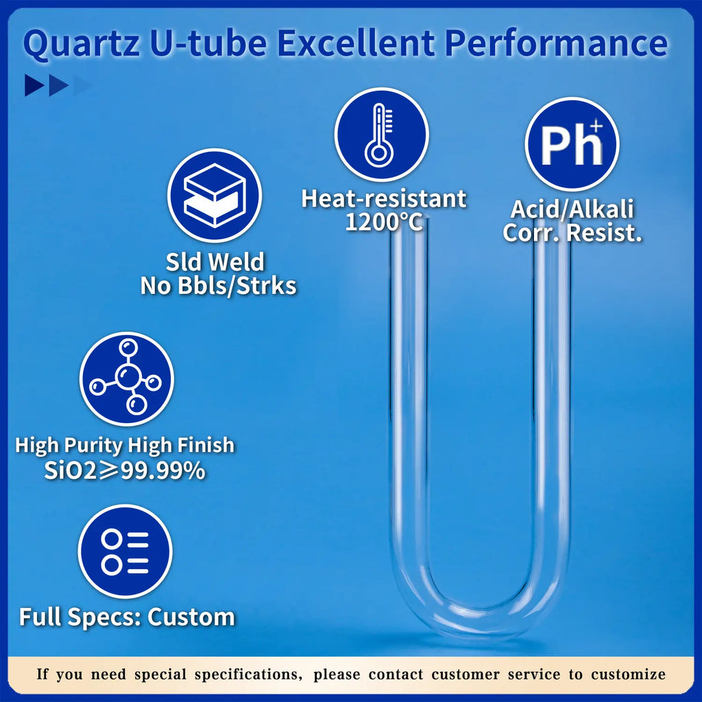 Quartz U-tube highlighting excellent performance with solid weld, 1200°C heat resistance, acid/alkali corrosion resistance, and high purity SiO2 ≥ 99.99%, with full custom specifications available.