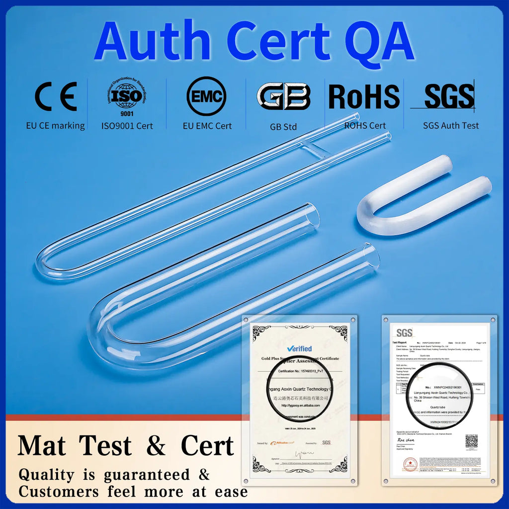 Quartz U-tubes displayed alongside quality certifications including CE, ISO9001, EMC, GB, RoHS, and SGS, assuring material test and quality control.