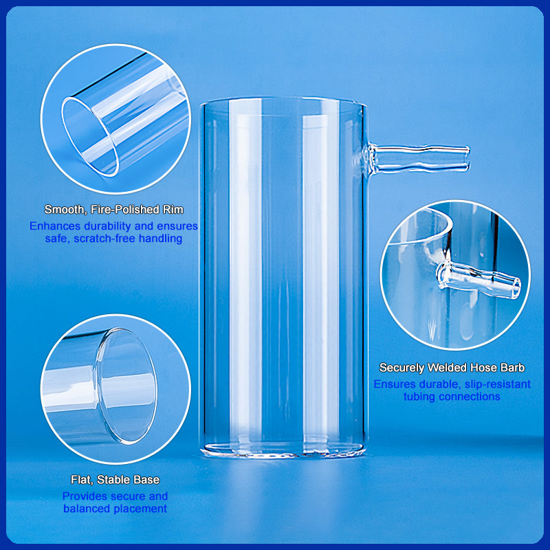 Quartz beaker with side arm highlighting a smooth, fire-polished rim for durability and safe handling, a securely welded hose barb for slip-resistant tubing connections, and a flat, stable base for balanced placement.