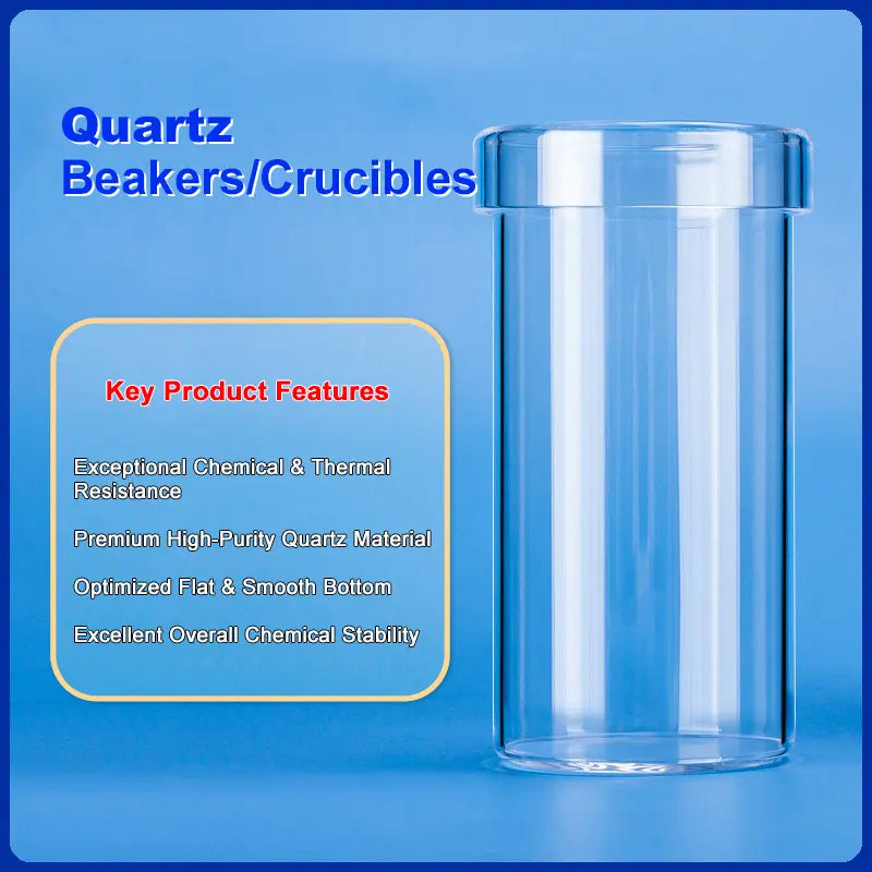 Quartz beakers/crucibles emphasizing key product features: exceptional chemical & thermal resistance, premium high-purity quartz material, optimized flat & smooth bottom, and excellent overall chemical stability.