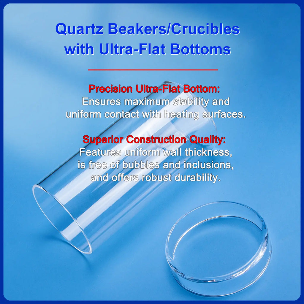 Quartz beakers/crucibles with ultra-flat bottoms, highlighting precision ultra-flat bottom for maximum stability and uniform contact with heating surfaces, and superior construction quality (uniform wall thickness, free of bubbles/inclusions, robust durability).