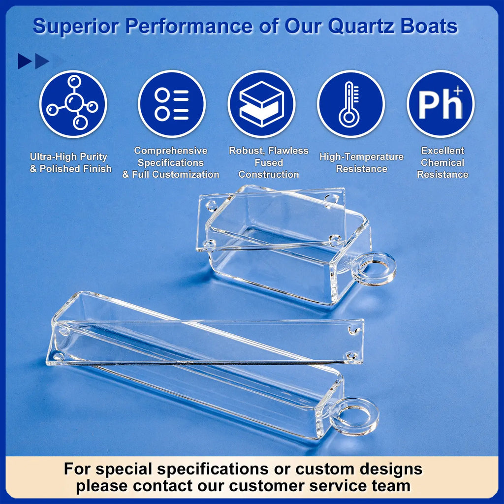 Quartz boats demonstrating superior performance: ultra-high purity, comprehensive specifications, robust flawless fused construction, high-temperature resistance, and excellent chemical resistance.