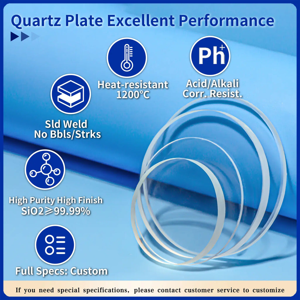 Quartz discs with excellent performance, featuring 1200°C heat resistance, acid/alkali corrosion resistance, high purity (SiO2≥99.99%), and custom specifications, suitable for various applications.