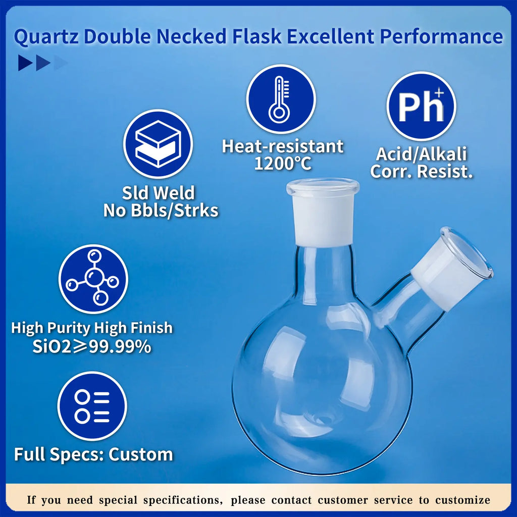 Quartz double necked flask showcasing excellent performance: solid weld, no bubbles/striations, high purity (SiO2 ≥99.99%), heat-resistant 1200°C, acid/alkali corrosion resistance, and full customization options