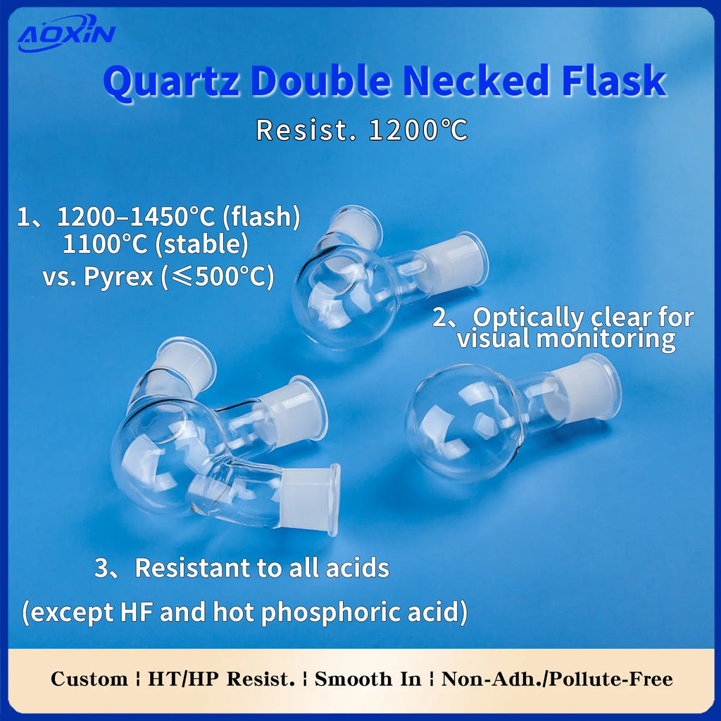 Quartz double necked flasks demonstrating heat resistance (1200-1450°C flash, 1100°C stable vs. Pyrex ≤500°C), optical clarity for visual monitoring, and resistance to all acids (except HF and hot phosphoric acid).