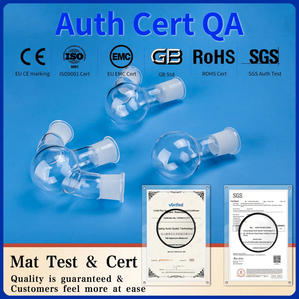 Quartz double necked flasks with authoritative quality assurance certifications, including EU CE marking, ISO9001 Cert, EU EMC Cert, GB Std, RoHS Cert, and SGS Auth Test, confirming material testing and certification reports.