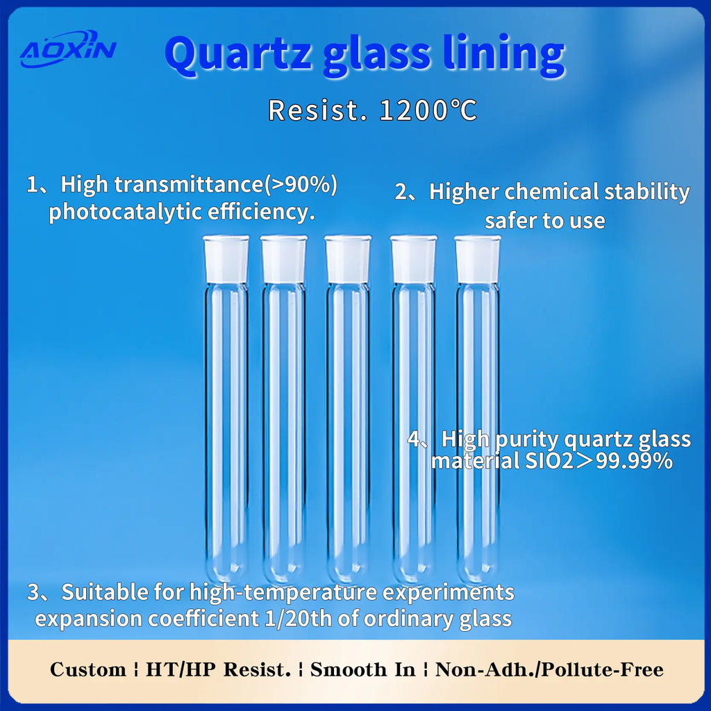 Quartz glass lining emphasizing key performance: 1200°C heat resistance, high transmittance (>90%) for photocatalytic efficiency, higher chemical stability, and suitability for high-temperature experiments (1/20th expansion coefficient of ordinary glass).