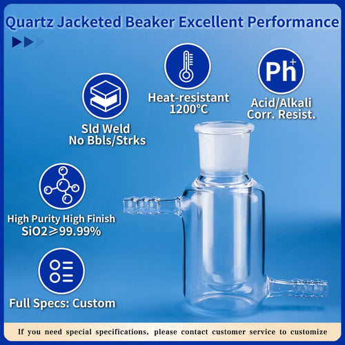 Quartz jacketed beaker showcasing excellent performance: solid weld, 1200°C heat resistance, acid/alkali corrosion resistance, high purity SiO2 ≥ 99.99%, and full custom specifications.