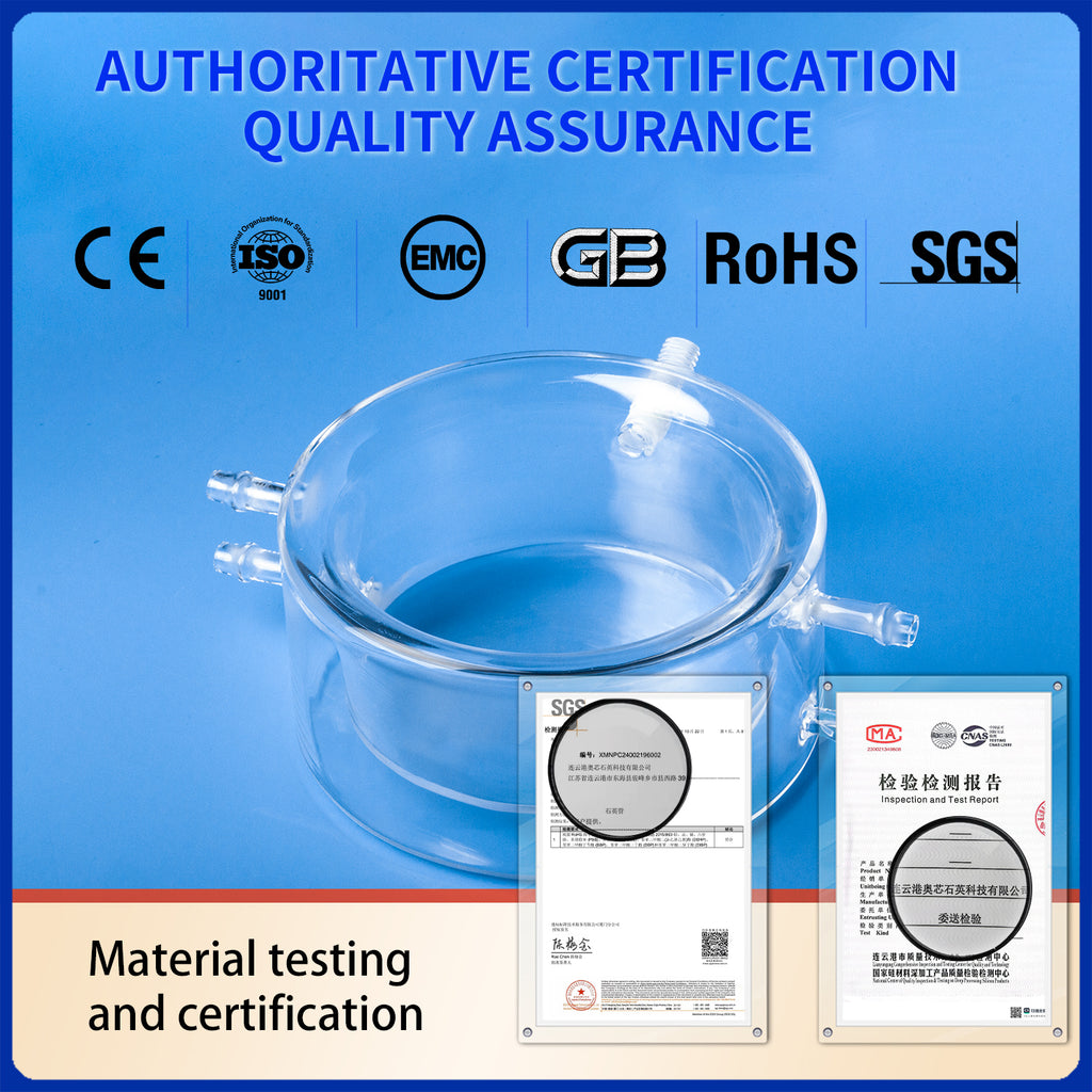 Quartz laboratory glassware with authoritative certifications for quality assurance, including CE, ISO, RoHS, and SGS logos