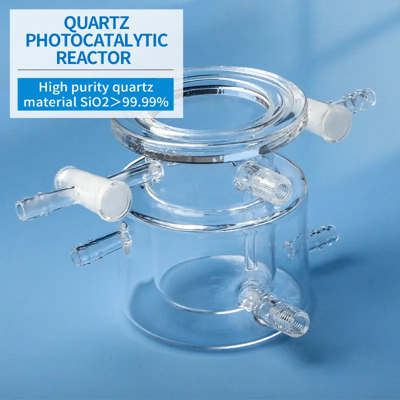 Quartz photocatalytic reactor shown with text overlay emphasizing "High purity quartz material SiO2 > 99.99%