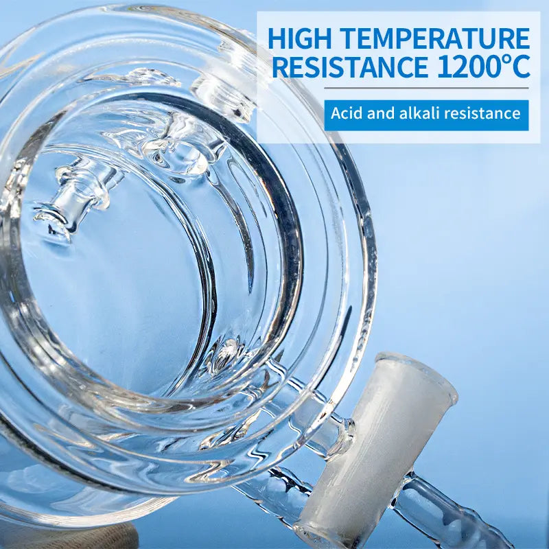 Quartz photocatalytic reactor with tubes extending from the main body on a blue background.
