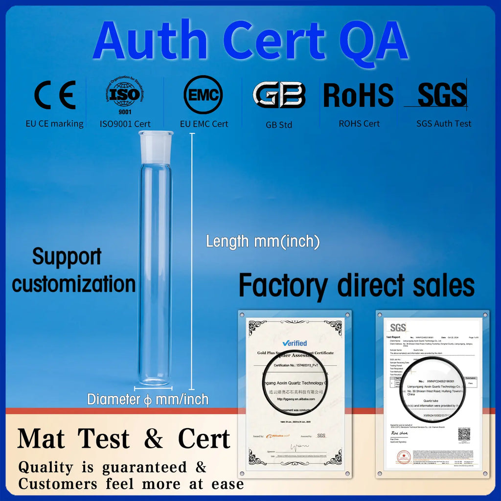 Quartz reaction tube with authoritative certifications for quality assurance, including CE, ISO9001, EMC, GB, RoHS, and SGS, confirming material test and certification