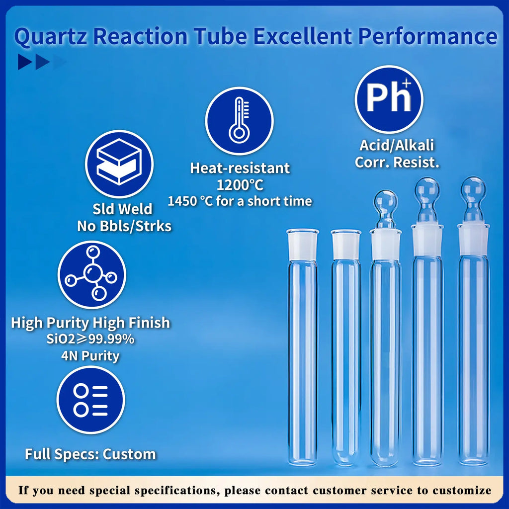 Quartz reaction tubes demonstrating excellent performance: solid weld (no bubbles/striations), high purity (SiO2 ≥99.99%, 4N purity), heat-resistant 1200°C (1450°C for a short time), acid/alkali corrosion resistance, and full customization.
