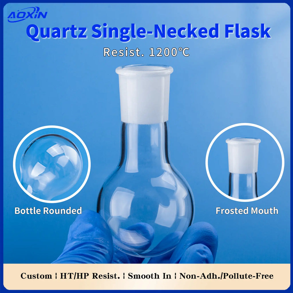 Quartz single-neck flask highlighting its 1200°C resistance, rounded bottom, and frosted mouth.