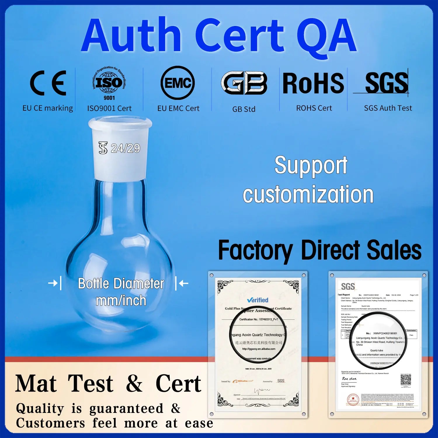 Quartz single-neck flask with measurement labels, emphasizing customization support and showing quality certifications (CE, ISO, RoHS, SGS) and material testing.