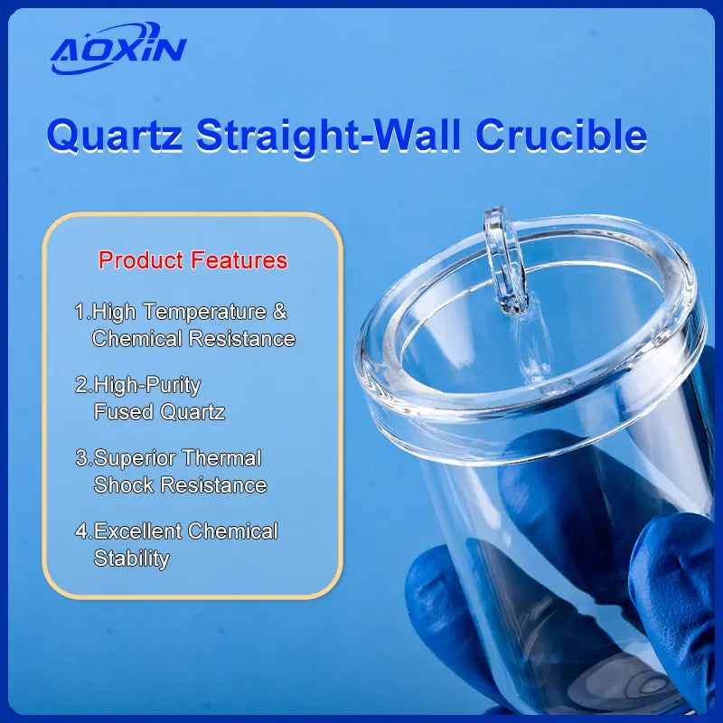 Quartz straight-wall crucible highlighting key product features: high temperature & chemical resistance, high-purity fused quartz, superior thermal shock resistance, and excellent chemical stability.