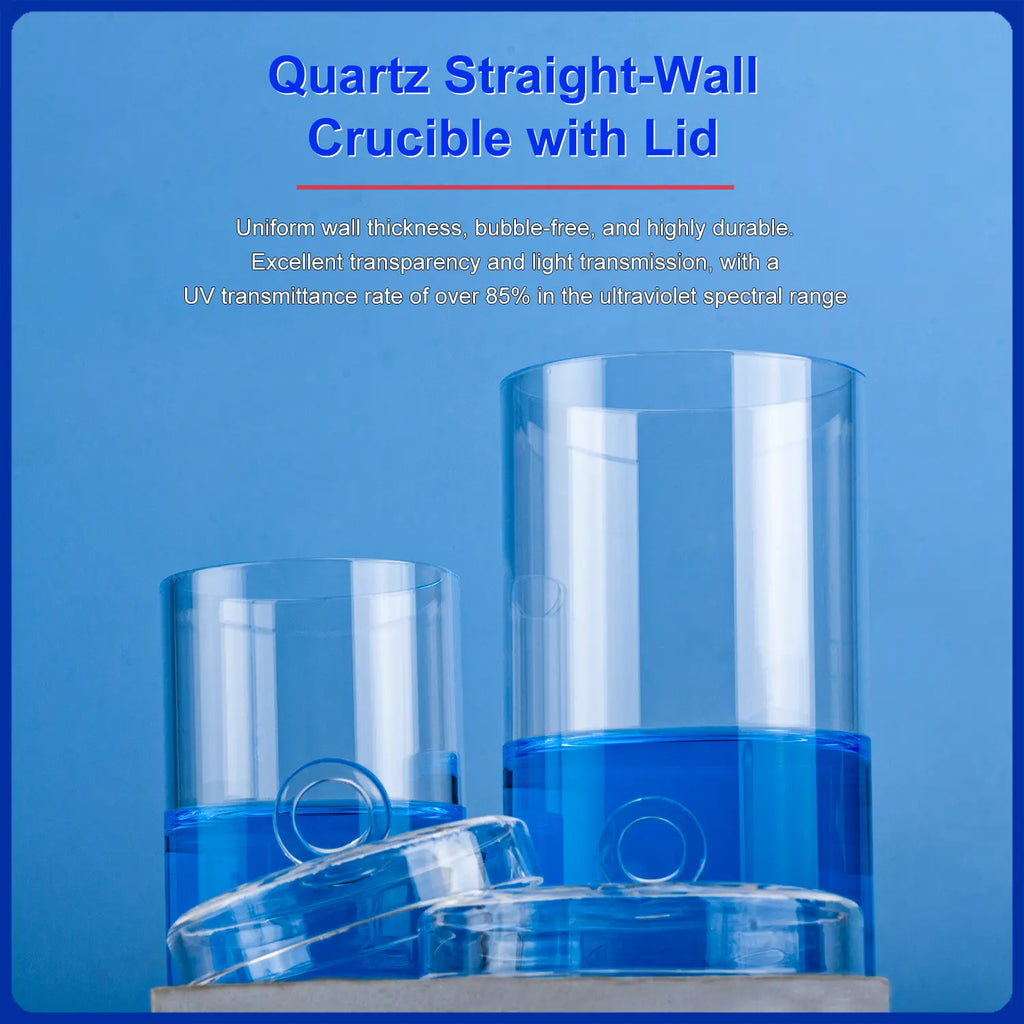 Quartz straight-wall crucibles with lids, emphasizing uniform wall thickness, bubble-free construction, high durability, excellent transparency, light transmission, and over 85% UV transmittance.