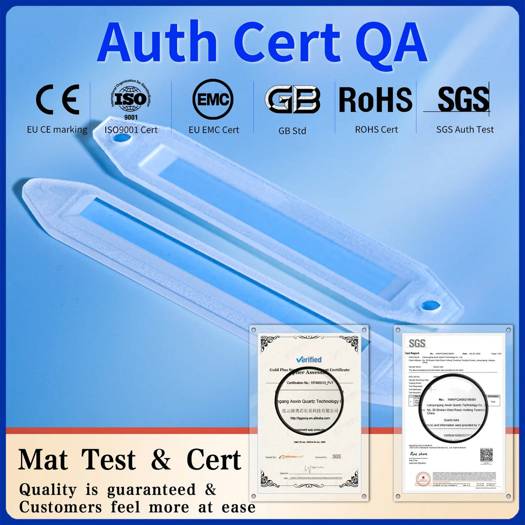 Quartz sulfur analyzer boats with authoritative quality assurance certifications, including CE, ISO9001, EMC, GB, RoHS, and SGS test reports, confirming material testing.