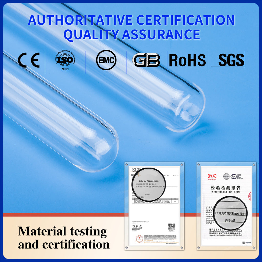 Quartz test tubes displayed with authoritative certifications (CE, ISO 9001, EMC, GB, RoHS, SGS) and material testing assurance