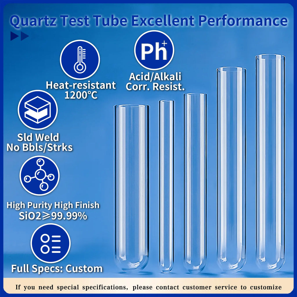 Quartz test tubes displayed with icons and text emphasizing excellent performance: heat-resistant to 1200°C, acid/alkali corrosion resistant, solid weld with no bubbles/streaks, high purity (SiO2 ≥ 99.99%), and custom specifications available.