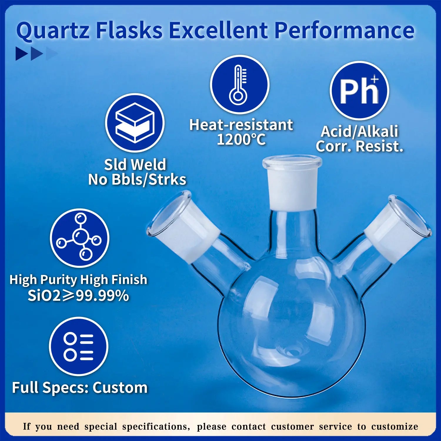 Quartz three-neck flask highlighting excellent performance features: heat-resistant 1200°C, acid/alkali corrosion resistance, high purity, and custom specifications.