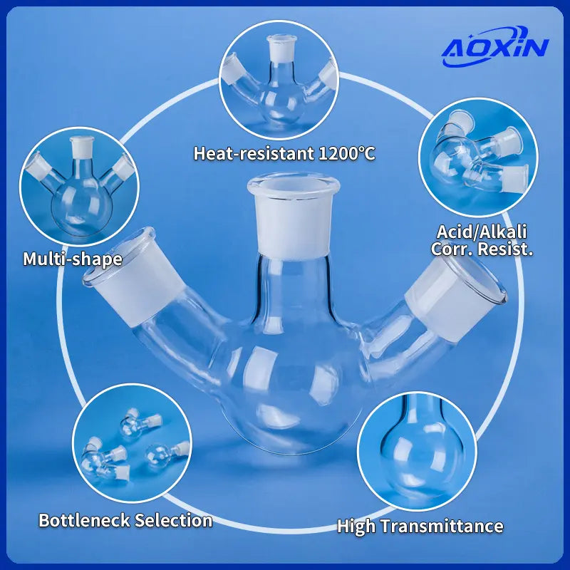 Quartz three-neck flask surrounded by circular icons illustrating features like heat resistance, acid/alkali resistance, multi-shape options, bottleneck selection, and high transmittance.