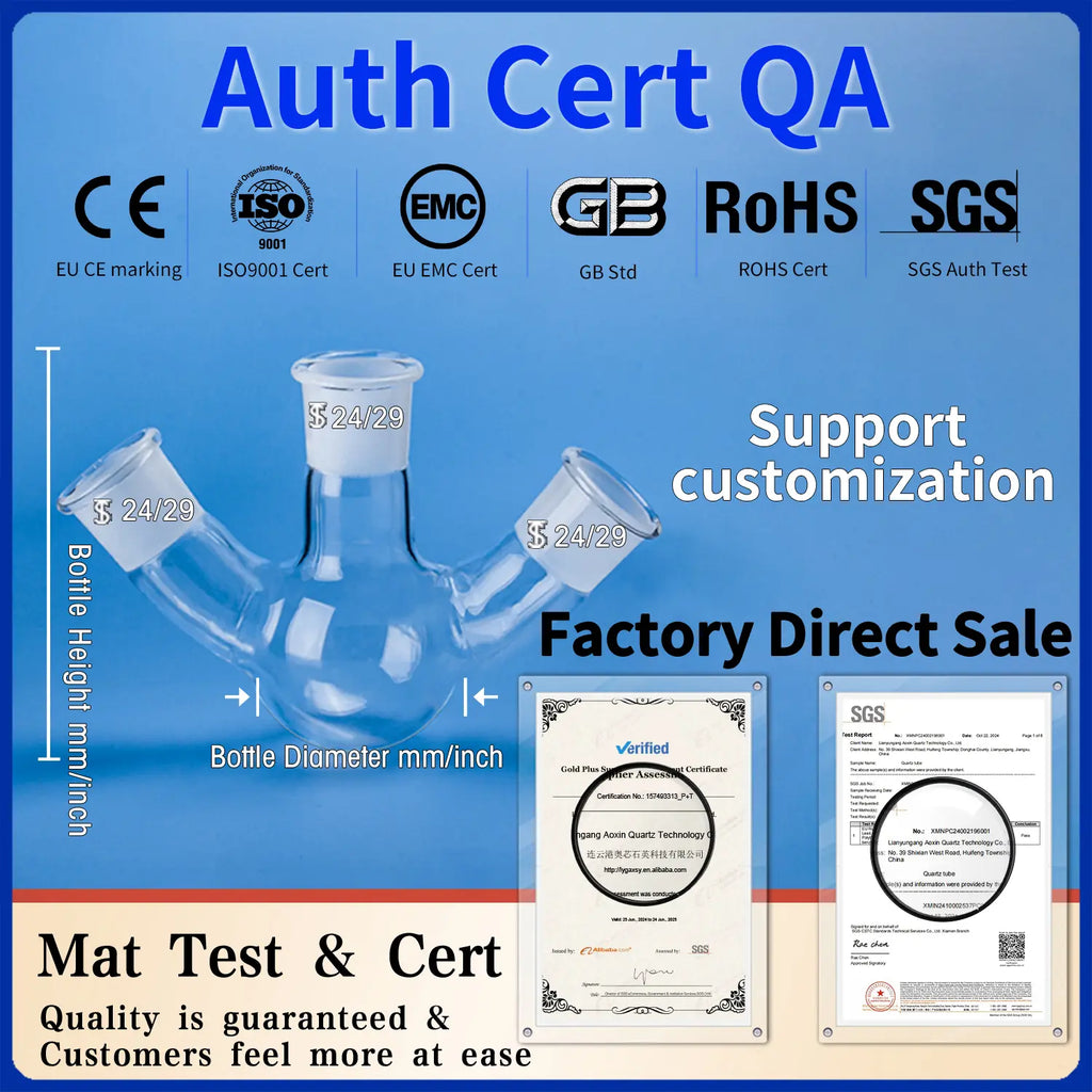  Quartz three-neck flask with measurement labels, emphasizing support for customization and showing quality certifications (CE, ISO, RoHS).